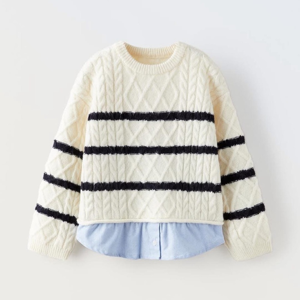 ZARA Kids Cream and Black Striped Sweater W Button Down Layer Size 4-5